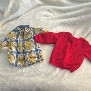 😍Yellow Plaid Button-Up Shirt and Red Sweatshirt Set size 12 months